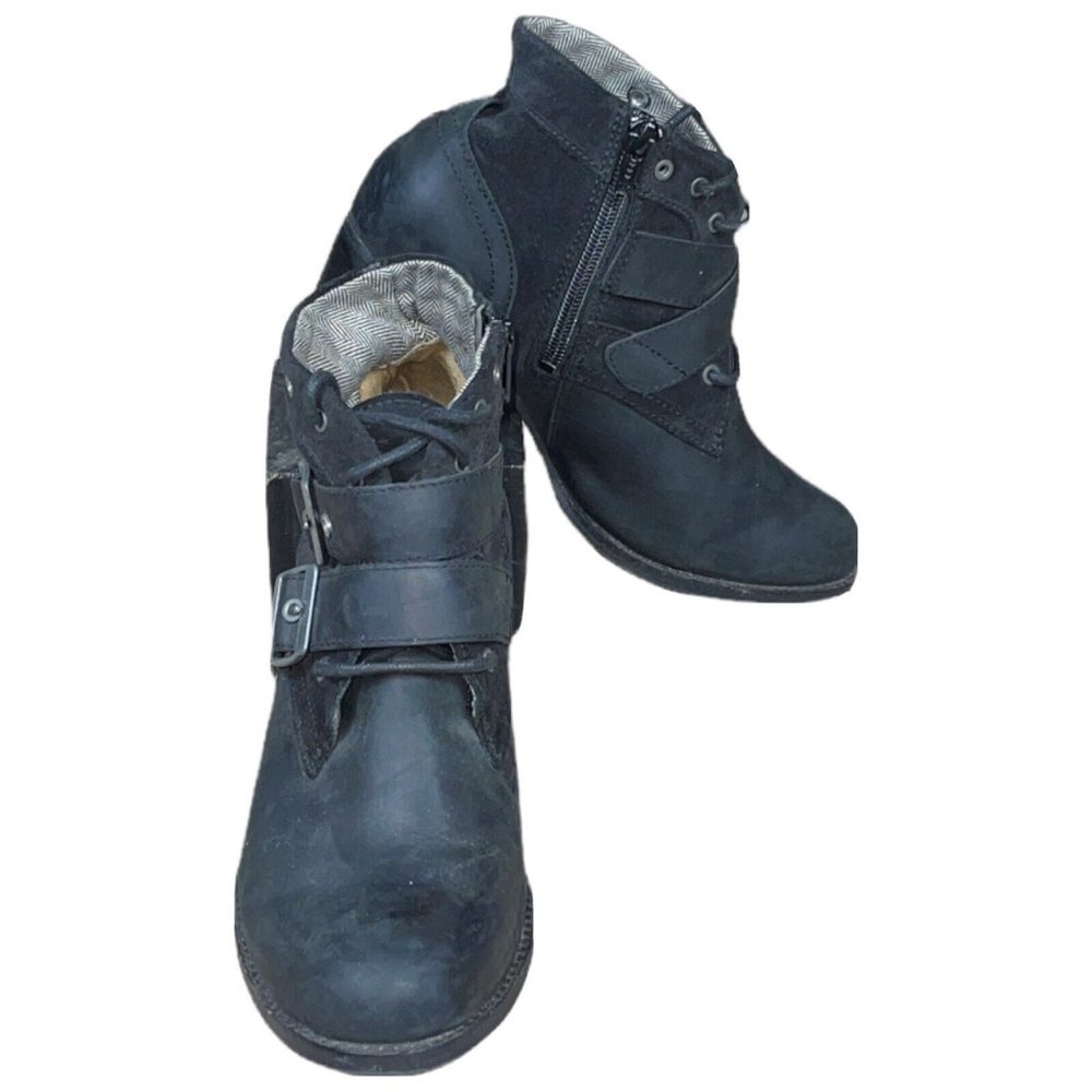 Caterpillar Women Lace Black Combat Block Heel Criss Cross Buckle Bootie SZ 5.5